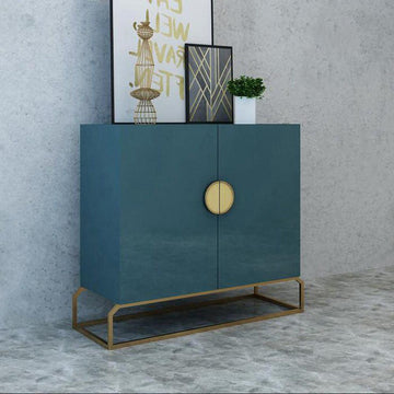 2-Door Peacock Blue Console Table Storage Cabinet Entryway Gold Accent
